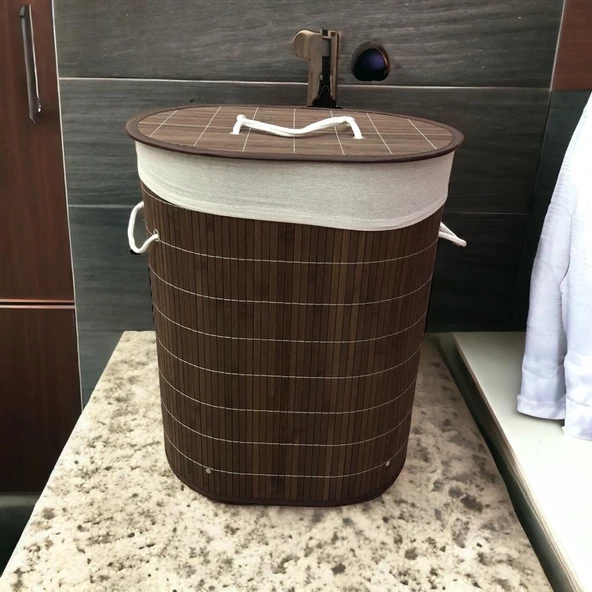 Katlanılabilir Oval Bambu Kirli Çamaşır Sepeti - 3