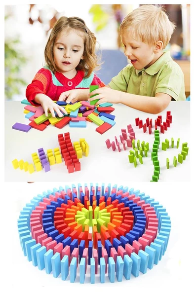 Domino Oyunu Eğitici 200 Parça 1 Paket 200 lü Ahşap Renkli Domino Taşı Akıl Zeka Mantık ve Strateji Oyunu Okul Öncesi - 5