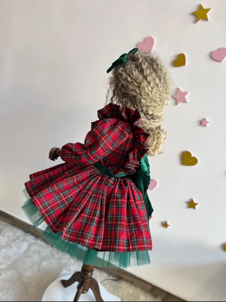 Tartan Ekose Elbise, Kızlar İçin Noel Elbiseleri, Tatil Kız Elbisesi, Kırmızı Noel Partisi Kıyafeti, Ekose Volanlı Elbise, Küçük Çocuk Noel Elbisesi - 10