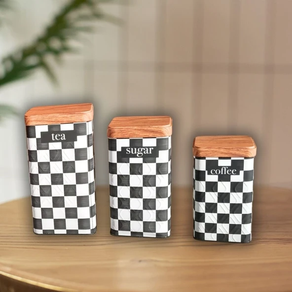 Bambu Kapak Görünümlü Baklava Desenli Metal 3 Boy Kavanoz Seti (YENİ DESEN) - 2