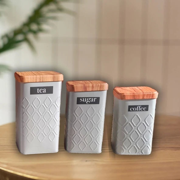 Bambu Kapak Görünümlü Baklava Desenli Metal 3 Boy Kavanoz Seti (YENİ DESEN) - 3