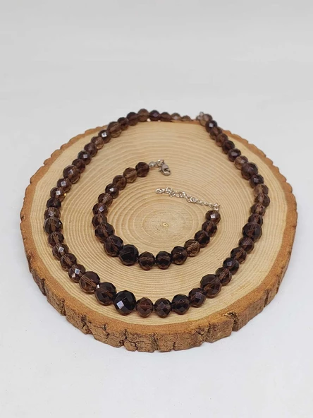 Parlayan Yıldızlar Serisi Dumanlı Kuvars Taşı Kolye & Bileklik Seti - Resim 7