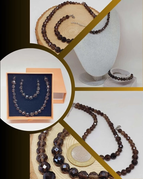 Parlayan Yıldızlar Serisi Dumanlı Kuvars Taşı Kolye & Bileklik Seti ürün görseli