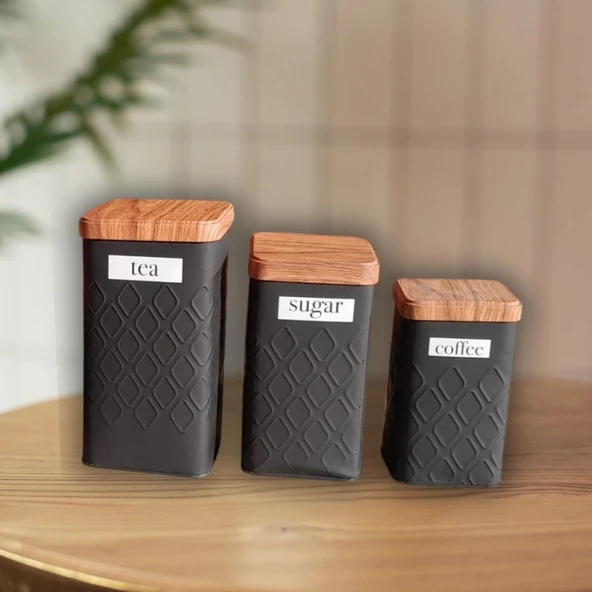 Bambu Kapak Görünümlü Baklava Desenli Metal 3 Boy Kavanoz Seti (YENİ DESEN)
