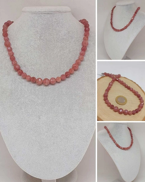 Parlayan Yıldızlar Serisi Çilek Kuvars Taşı Tasarım Kolye ürün görseli