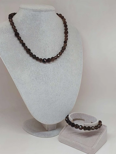 Parlayan Yıldızlar Serisi Dumanlı Kuvars Taşı Kolye & Bileklik Seti - Resim 2