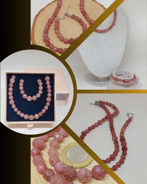 Parlayan Yıldızlar Serisi Çilek Kuvars Taşı Kolye & Bileklik Seti ürün görseli