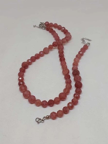 Parlayan Yıldızlar Serisi Çilek Kuvars Taşı Kolye & Bileklik Seti - Resim 5