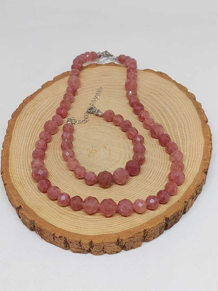 Parlayan Yıldızlar Serisi Çilek Kuvars Taşı Kolye & Bileklik Seti - Resim 7