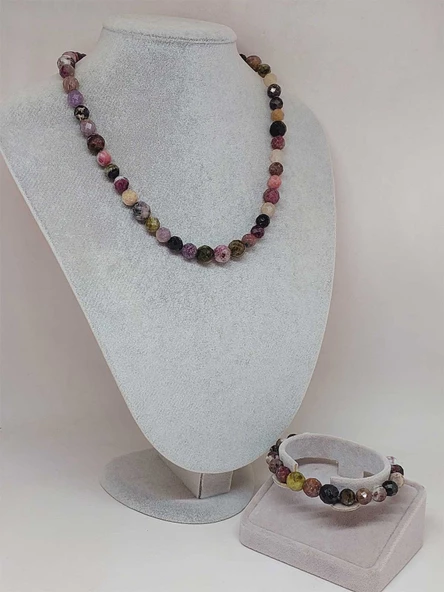 Parlayan Yıldızlar Serisi Turmalin Taşı Karışık Renkler Kolye & Bileklik Seti - Resim 2