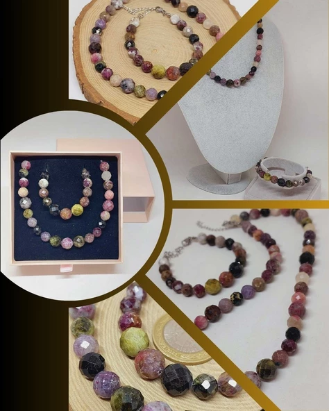 Parlayan Yıldızlar Serisi Turmalin Taşı Karışık Renkler Kolye & Bileklik Seti ürün görseli