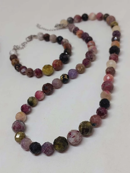 Parlayan Yıldızlar Serisi Turmalin Taşı Karışık Renkler Kolye & Bileklik Seti - Resim 5