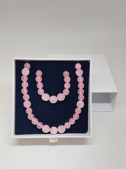 Parlayan Yıldızlar Serisi Pembe Kuvars Taşı Kolye & Bileklik Seti - Resim 6