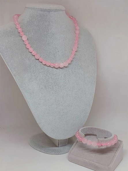 Parlayan Yıldızlar Serisi Pembe Kuvars Taşı Kolye & Bileklik Seti - Resim 2