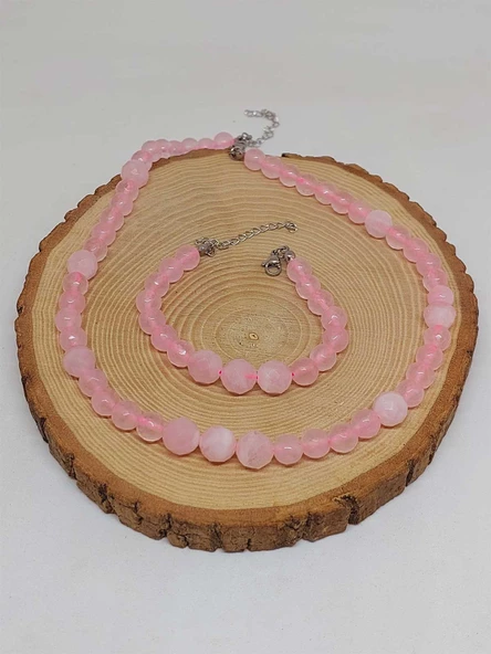 Parlayan Yıldızlar Serisi Pembe Kuvars Taşı Kolye & Bileklik Seti - Resim 7