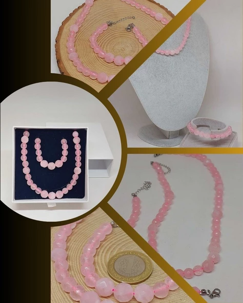 Parlayan Yıldızlar Serisi Pembe Kuvars Taşı Kolye & Bileklik Seti