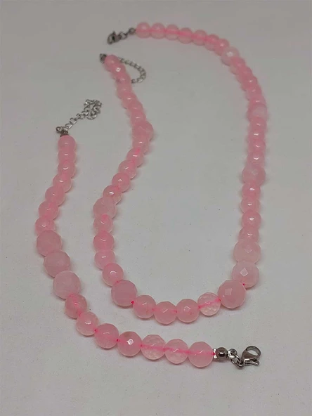 Parlayan Yıldızlar Serisi Pembe Kuvars Taşı Kolye & Bileklik Seti - Resim 5