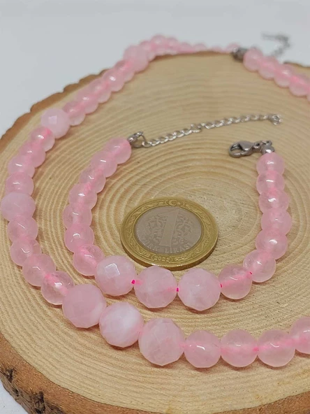 Parlayan Yıldızlar Serisi Pembe Kuvars Taşı Kolye & Bileklik Seti - Resim 4