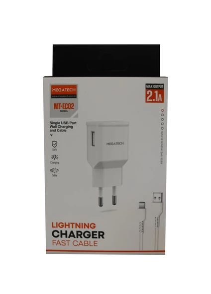 Megatech EC02 MODEL 2.1A Lightning Usb Kablo + Ev Şarj Adaptörü Hızlı Şarj - Resim 2