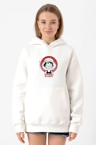 One Piece Anime Monkey D Luffy Beyaz Kadın 3ip Kapşonlu Sweatshirt ürün görseli