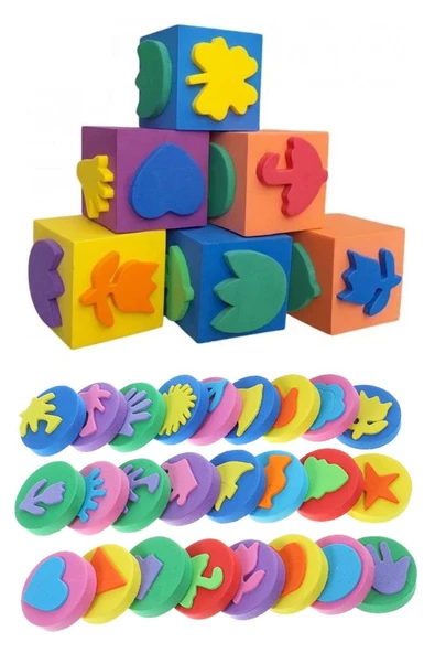 Parmak Boyası Ponpon Sünger Tampon Fırça Küp Eva Baskı Seti Sünger Rulo 26 Parça 1 Paket Südor Parmak Bpyası Baskı Seti - Resim 3