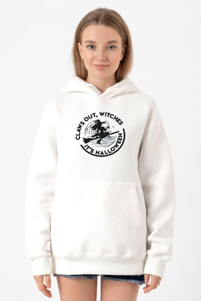 Claws Out Witches Its Halloween Beyaz Kadın 3ip Kapşonlu Sweatshirt