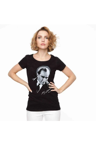 Tshirthane Atatürk Portre Tişört Kadın Siyah Tshirt