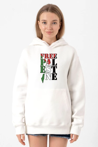 Free Palestine Beyaz Kadın 3ip Kapşonlu Sweatshirt ürün görseli