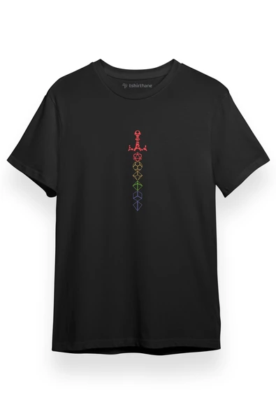 Siyah Kısa kol Erkek Tshirt Dungeons And Dragons Rainbow Dice Sword