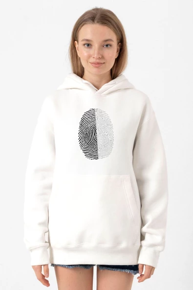 Siyah Beyaz Parmak İzi Beyaz Kadın 3ip Kapşonlu Sweatshirt - Resim 2