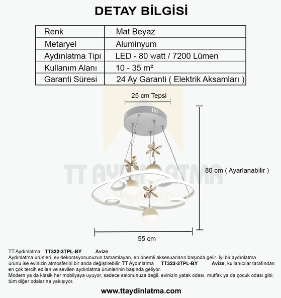 TT Aydınlatma TT322-3TPL-BY  Bulut Modeli Mat Beyaz 3 Toplu 3 Renk Modüllü Ledli Avize - Resim 4
