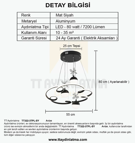 TT Aydınlatma TT322-3TPL-SY  Bulut Modeli Mat Siyah 3 Toplu 3 Renk Modüllü Ledli Avize - Resim 4