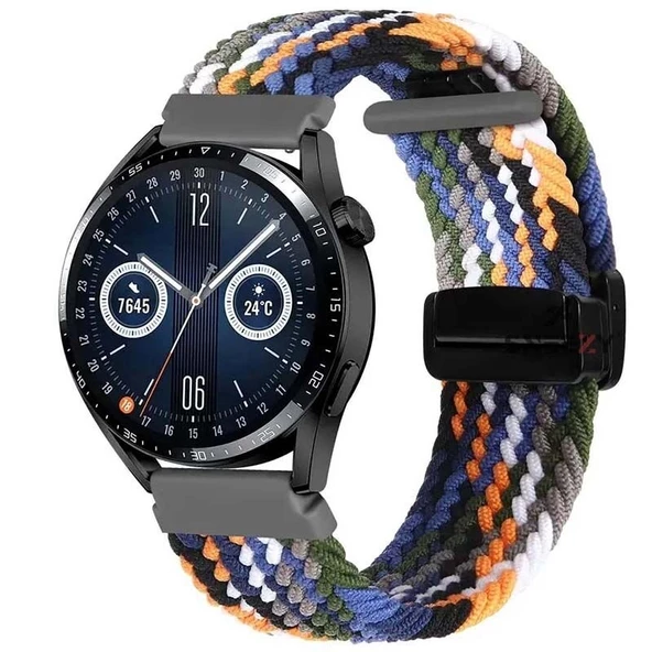 Huawei Watch GT5 46mm Uyumlu Kordon Manyetik Metal Tokalı Kumaş Örgü Kordon  Siyah - Turuncu