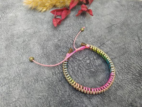 Deri Üzeri Ebruli İp Swaroski Taşlı Tasarım Ayarlanabilir Bileklik Bilezik - 2