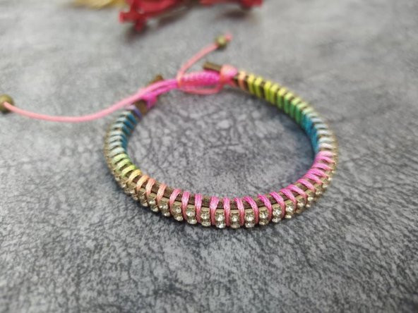 Deri Üzeri Ebruli İp Swaroski Taşlı Tasarım Ayarlanabilir Bileklik Bilezik - 3