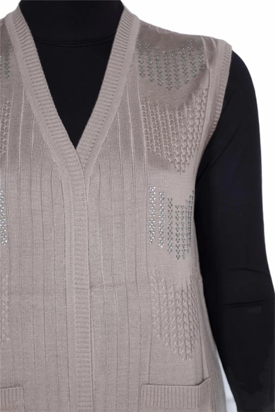 Hesna Kadın Nida Omuzu Cebi Taşlı Fitilli Triko Taş Rengi Yelek - 2
