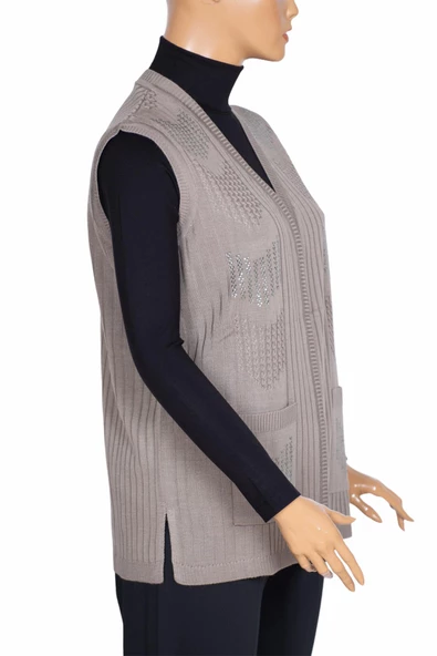 Hesna Kadın Nida Omuzu Cebi Taşlı Fitilli Triko Taş Rengi Yelek - 3