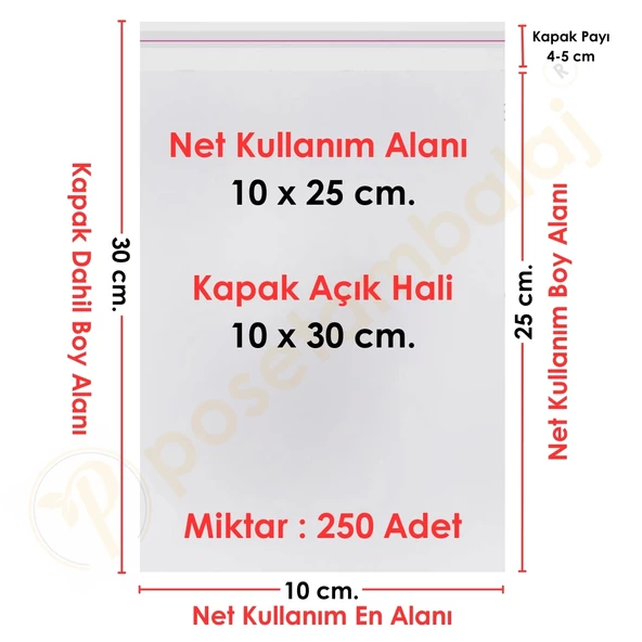 10x25+5 cm.(10x30) 250 Adet Şeffaf Bantlı Yapışkanlı OPP Poşet