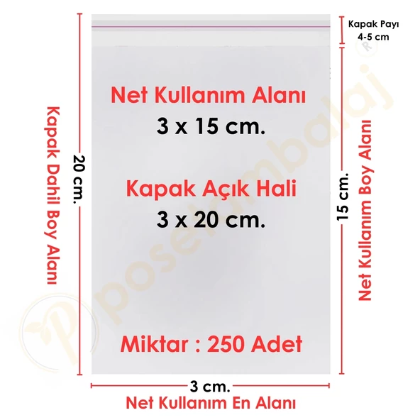 3x15+5 cm.(3x20) 250 Adet Şeffaf Bantlı Yapışkanlı OPP Poşet