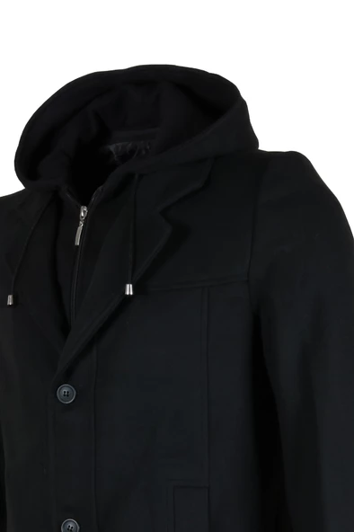 Erkek Kapşonlu Normal Kesim Siyah Kaşe Kaban RAR01268 - 3