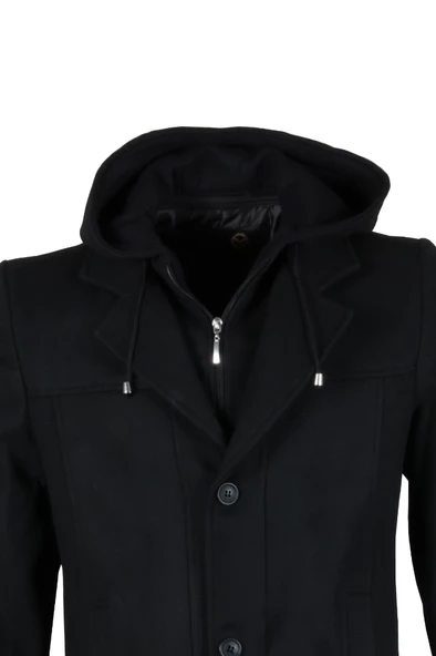 Erkek Kapşonlu Normal Kesim Siyah Kaşe Kaban RAR01268 - 4