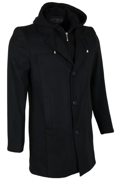 Erkek Kapşonlu Normal Kesim Siyah Kaşe Kaban RAR01268 - 2