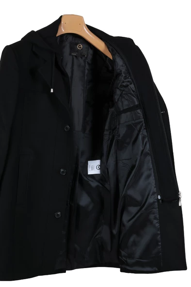 Erkek Kapşonlu Normal Kesim Siyah Kaşe Kaban RAR01268 - 5