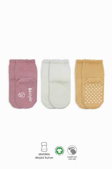 Nessiworld Bistyle Basic Kaymaz Penye Soket Çorap 3'Lü BS10106 Pudra Ekru Somon
