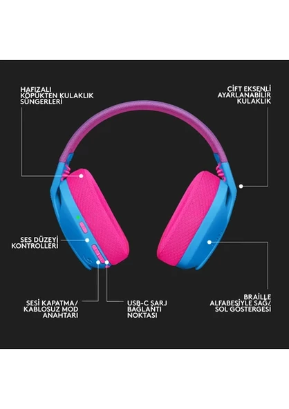 Logitech G435 Lightspeed Mavi Kablosuz Mikrofonlu Kulak Üstü Oyuncu Kulaklığı - 8