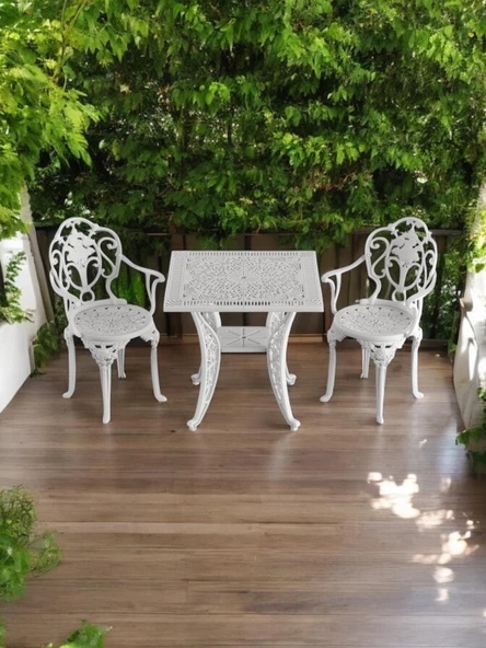 Ferforje görünümlü Plastik Kare Isparta Masa Sandalye Takımı 1 Masa 2 Sandalye Balkon, Bahçe Mobilyası - 8