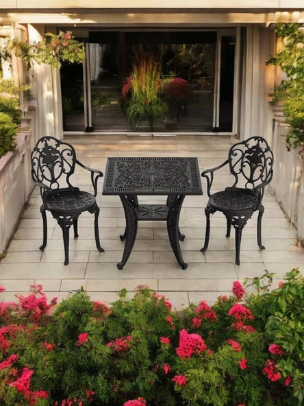 Ferforje görünümlü Plastik Kare Isparta Masa Sandalye Takımı 1 Masa 2 Sandalye Balkon, Bahçe Mobilyası - 12