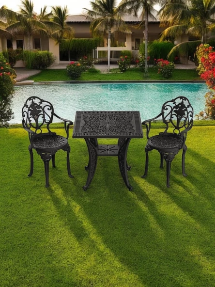 Ferforje görünümlü Plastik Kare Isparta Masa Sandalye Takımı 1 Masa 2 Sandalye Balkon, Bahçe Mobilyası - 10