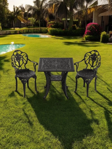 Ferforje görünümlü Plastik Kare Isparta Masa Sandalye Takımı 1 Masa 2 Sandalye Balkon, Bahçe Mobilyası - 11