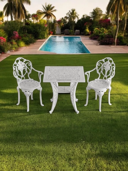 Ferforje görünümlü Plastik Kare Isparta Masa Sandalye Takımı 1 Masa 2 Sandalye Balkon, Bahçe Mobilyası - 7